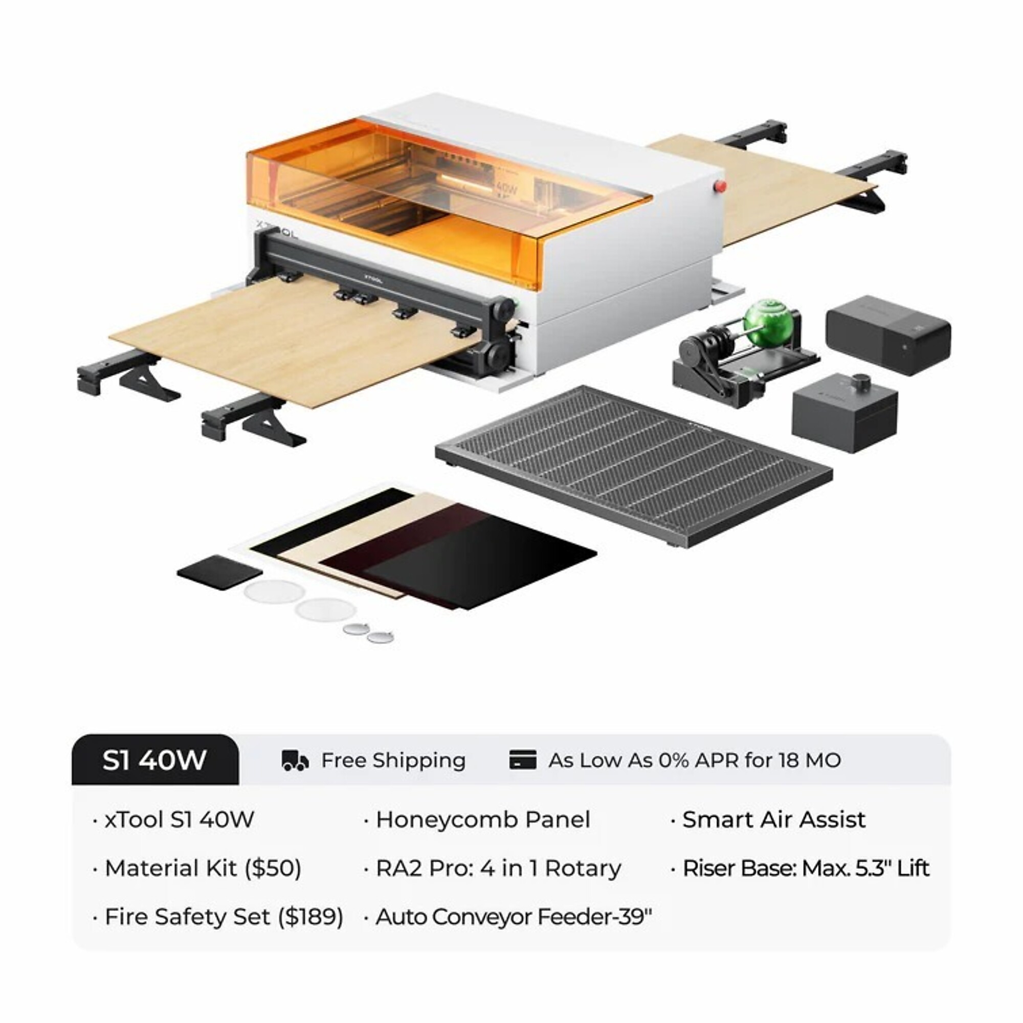 xTool, Laser Cutter and Engraver, 40w, 600mm/s,, Working Width 25.98 in, Working Length 33.86 in, Laser Power 40 W, Model# xTool S1 40W Deluxe Bundle